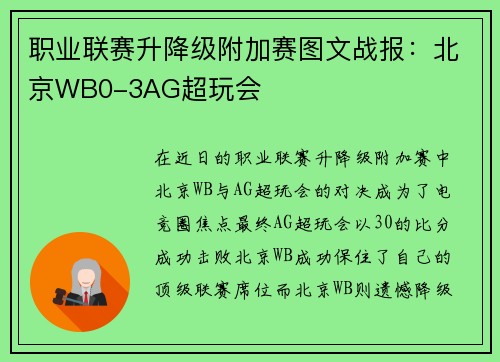 职业联赛升降级附加赛图文战报：北京WB0-3AG超玩会